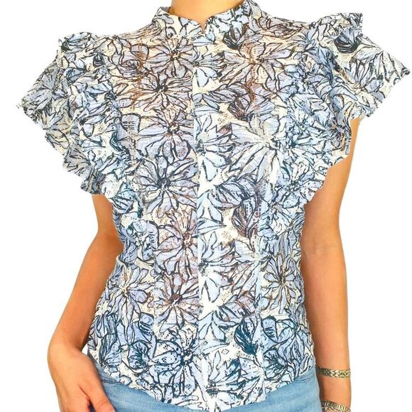 Anthropologie Tops - Anthropologie Floral Blouse Blue Lace Size S